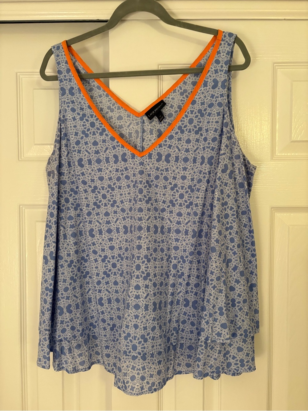 Lane Bryant Light Blue Printed V-Neck Tank with Orange Trim